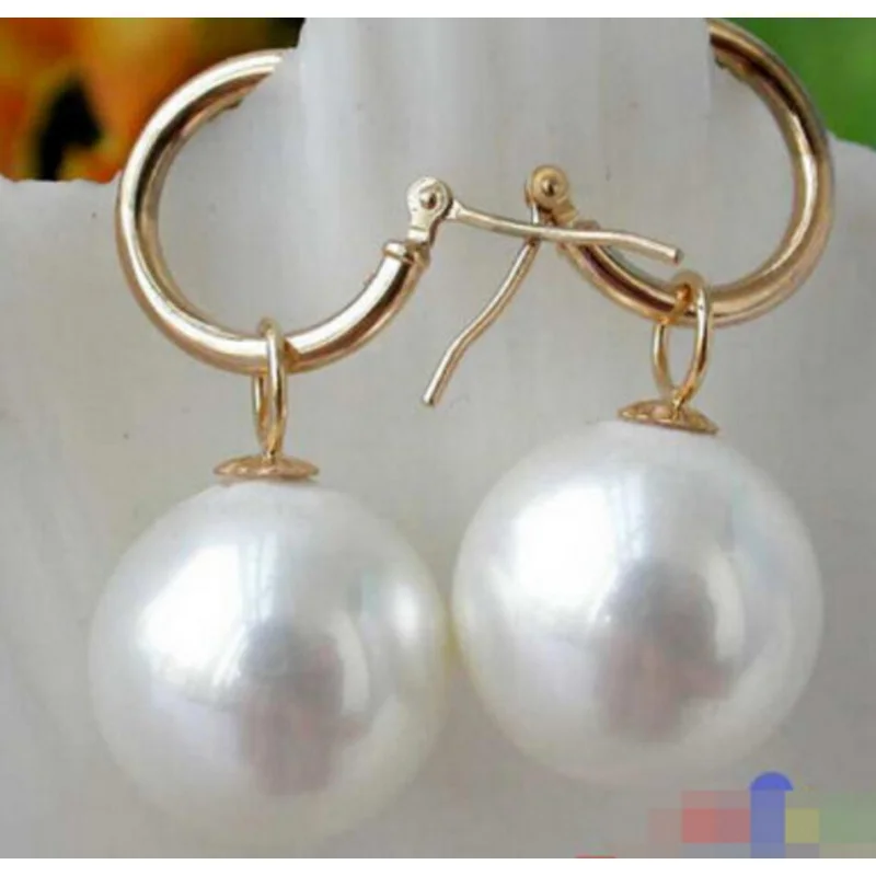 

16MM WHITE SOUTH SEA SHELL PEARL DANGLE EARRING ^^@^Noble style Natural Fine jewe good