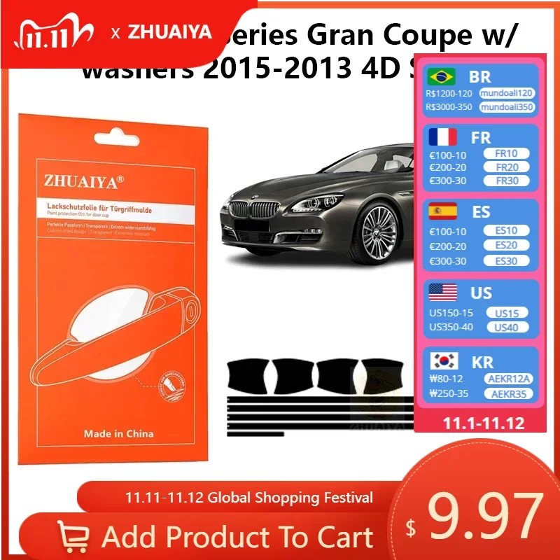 

Защитная пленка ZHUAIYA для красок дверной ручки, ТПУ PPF для BMW 6 серии Gran Coupe с шайбами 2015-2013 4D Седан