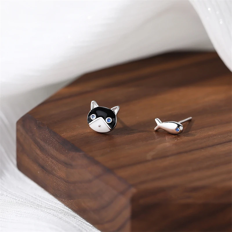 

925 Sterling Silver Cute Cartoon Cat Fish Stud Earrings for Women Girls Fashion Simple Teen Party Jewelry Birthday Gift