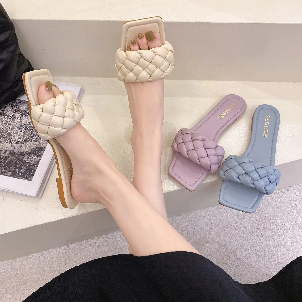 

Fashion Weave Slippers Women Summer Square Toe Flat Mules Shoes Womens Slides Ladies Flip Flops Beach Sandals Chaussure Femme