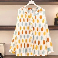 summer fashion office lady v neck blouse casual dot print top plus size blusa women long sleeve pleated sunscreen shirt chemise