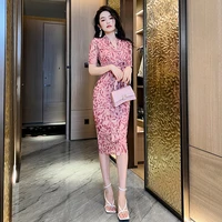 2022 summer new style light and familiar style floral self cultivation slim hip skirt lace waist printed dress
