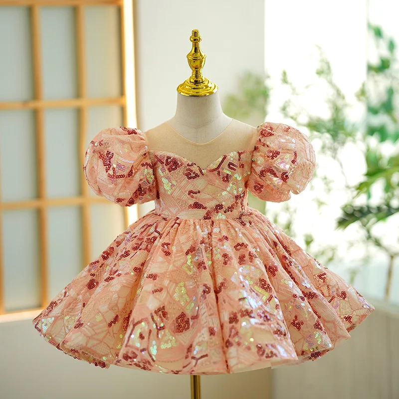 

New Children's Princess Evening Gown Sequin Puff Sleeve dresses for Wedding Birthday Easter EidBaby Girls Party Clothing Baptism