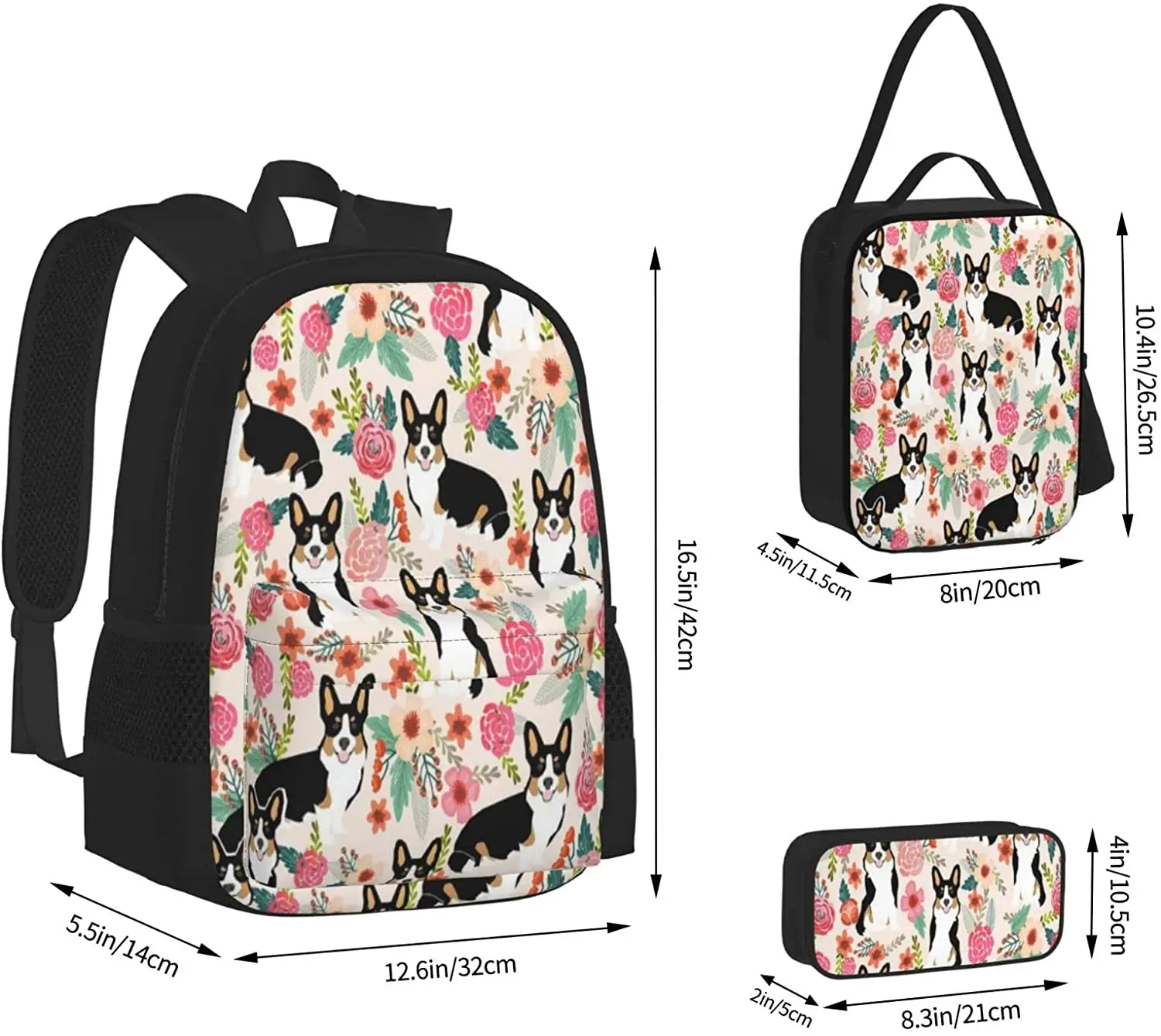 Kids School Backpack Cute Corgi Schoolbag Travel Bag Casual Daypack Lunch Bag Pencil Case for Boys Teens Girls 3pcs Sets