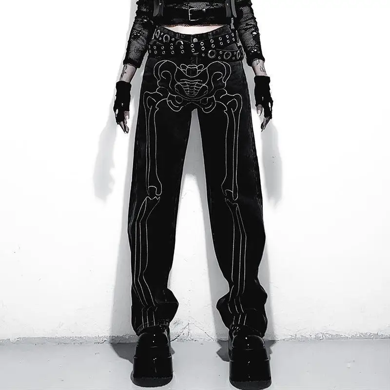 

Bone Print Low Rise Jeans Harajuku Street Dark Straight Pants European And American Gothic Halloween Elements Casual Trousers