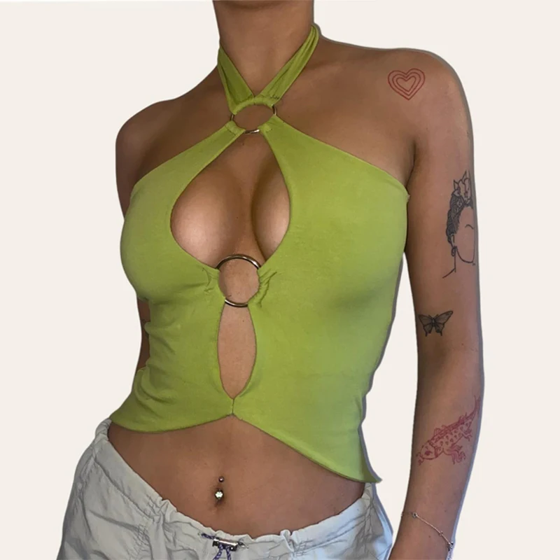 

Summer Beach Tie-Up Halter Top Sexy Metal Ring Hollow Out Camisole Chic Women Backless Slim Fit Crop Top Vest Female Clothes