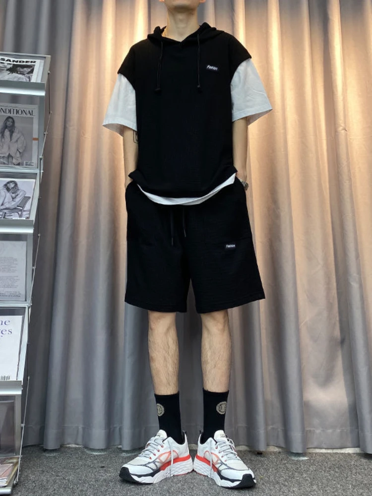 

Two-piece Suit Men Short-sleeved T-shirt + Shorts Casual Sweatshirt 2021 Trendy All-match Handsome Fake Two-piece Hooded Summer