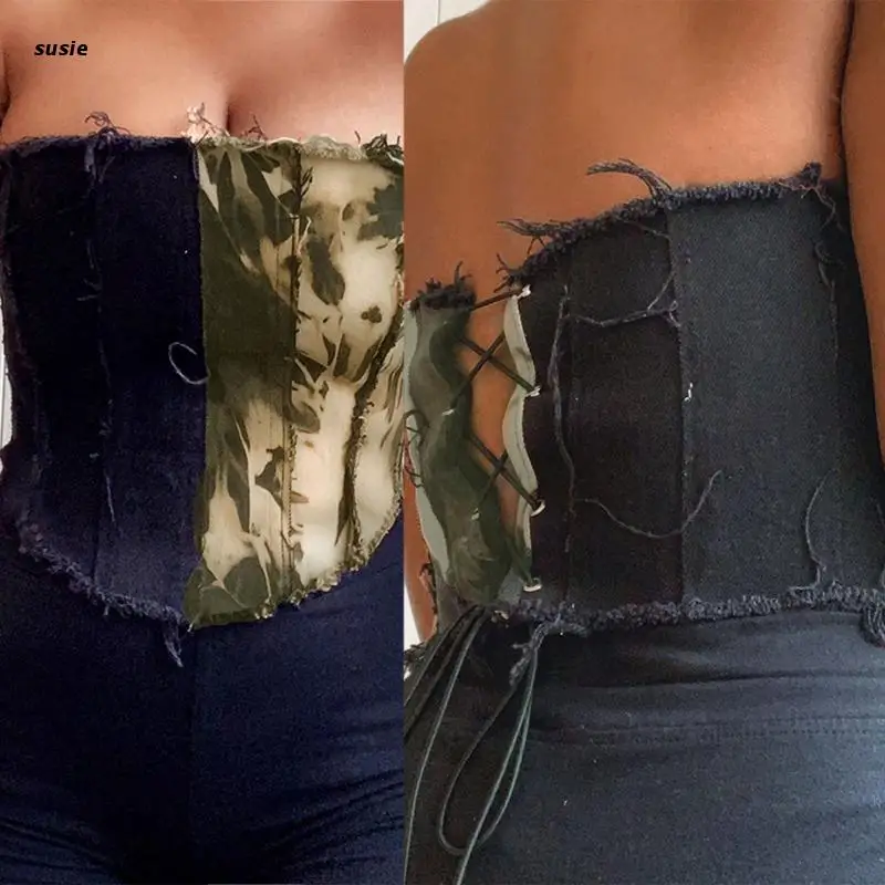 

Кроп-топ X7YA женский джинсовый, пикантная Майка без бретелек, с открытыми плечами, в стиле Харадзюку, контрастных цветов, потертая отделка, пе...