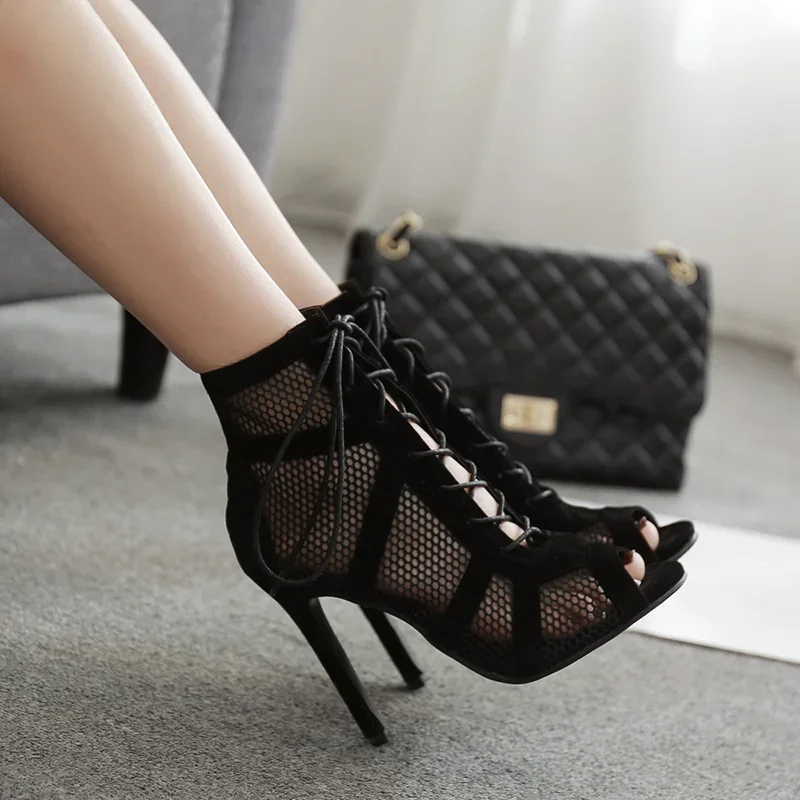 

Сандалии женские сетчатые на высоком каблуке, пикантные туфли-лодочки с открытым носком, на шнуровке, модная повседневная обувь с перекрестными ремешками, черные