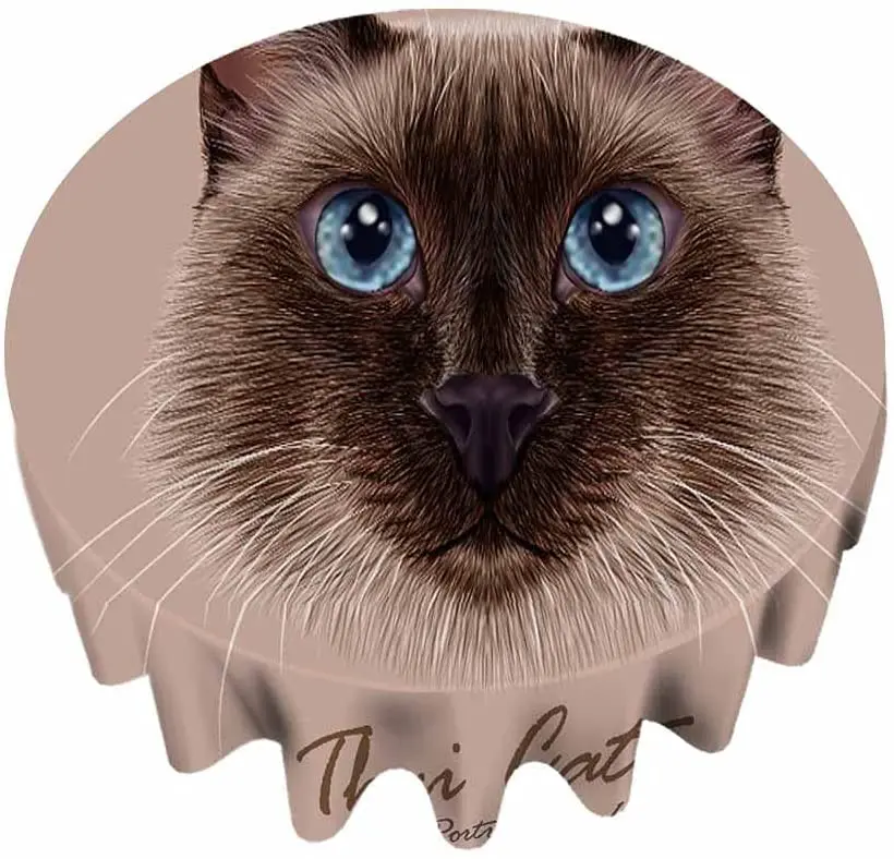 

Siamese Cat Round Tablecloth Washable Waterproof Wrinkle Free Table Cloth Animal Cute Face Thai Cat Fur Brown Round Tablecloth