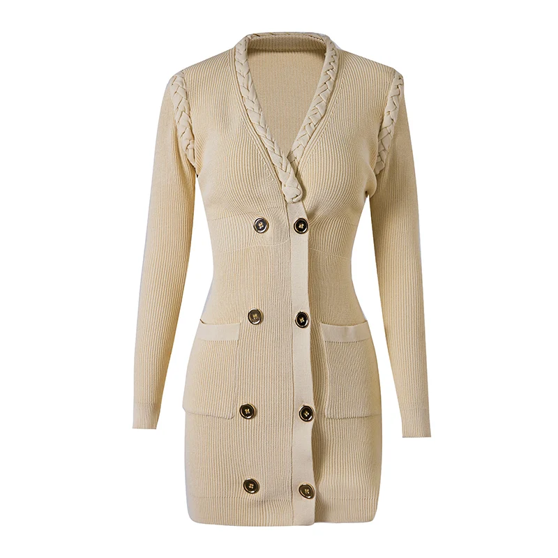 European Beige New Style Three-Dimensional Shoulder Cotton Metal Button Hip Knit Autumn And Winter Long-Sleeved Dress