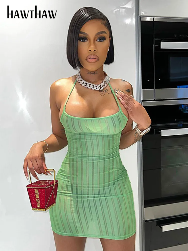 

Женское модное трикотажное облегающее мини-платье Hawthaw с лямкой на шее без рукавов для вечерние и клубов, летняя одежда 2022, оптовая продажа т...