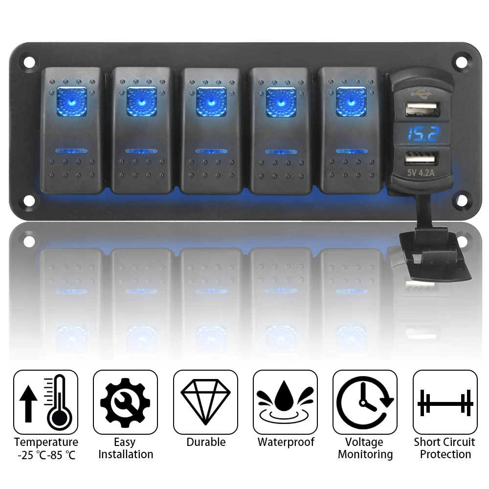 

5 Gang Rocker Switch Panel Dual USB Port Digital Voltage Display Waterproof 4.2A Outlet Combination for Marine Car Truck