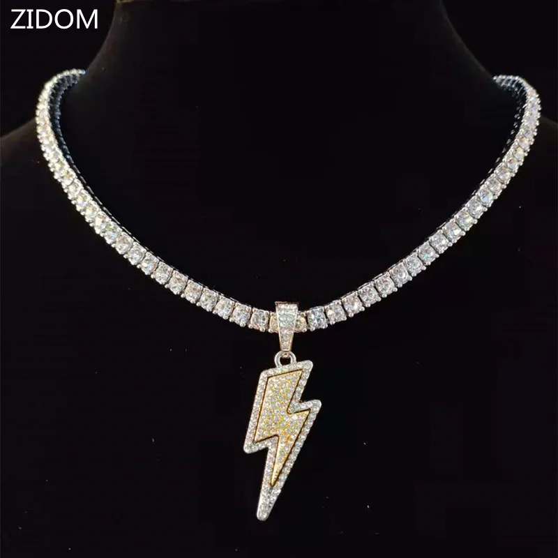 

Men Hip Hop Lightning Pendant Necklace with 4mm Zircon Tennis Chain Iced Out Bling HipHop Necklaces for Men Women Jewelry