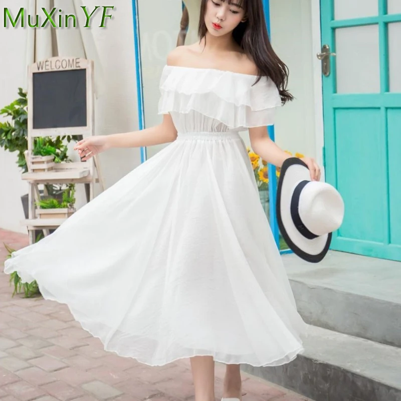 

2022 Summer Women's Sweet Fairy White Chiffon Maxi Dress Lady Graceful Slim Waist Off-Shoulder Ruffles Dresses Beach Travel Robe