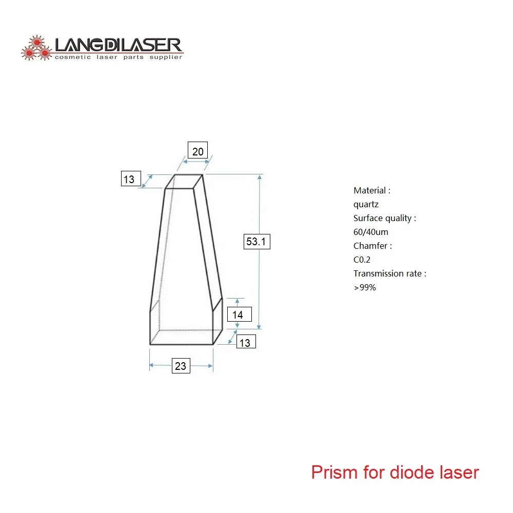 Size : 53.1(14)*23(20)*13 / Diode Laser Prism Crystal As Material Quartz / with AR@808/755/1064nm Film Coating