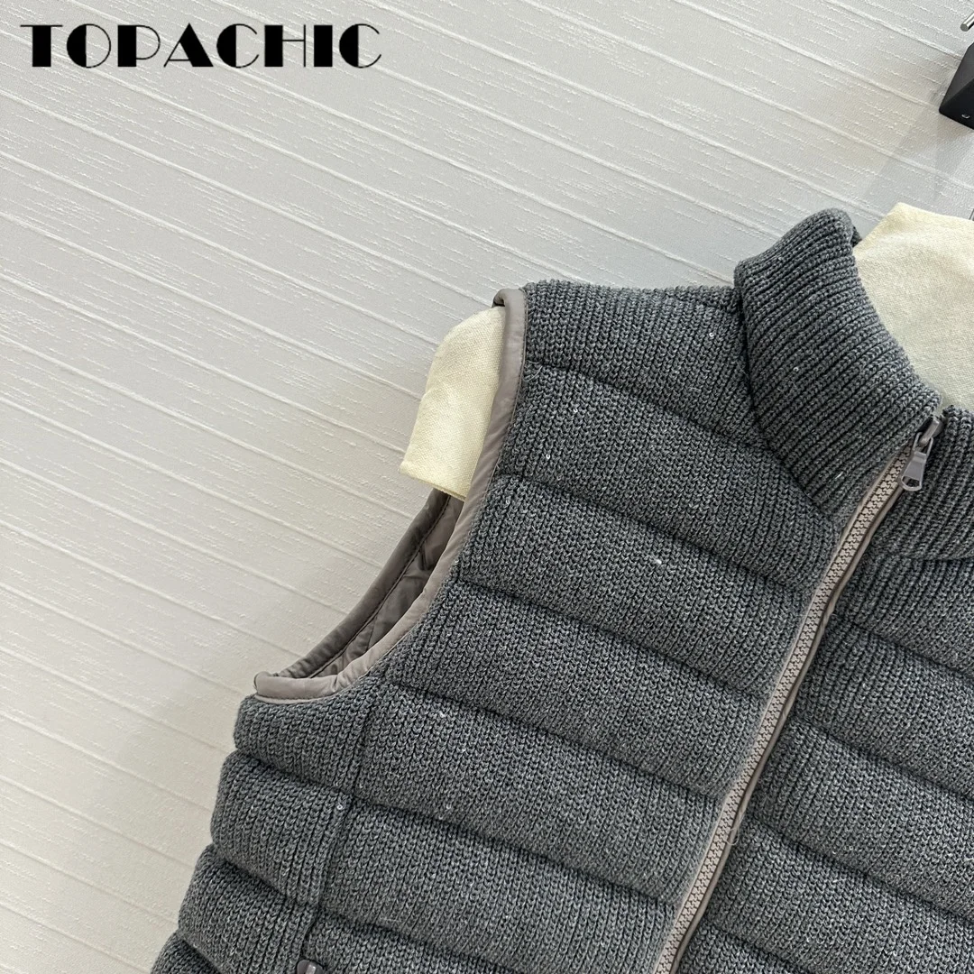 11 3 TOPACHIC-Женский вязаный жилет с блестками и воротником-стойкой на гусином пуху