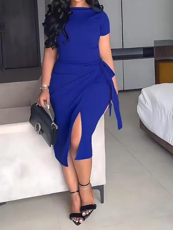 

Two Piece Women's Skirt Set Summer 2023 Solid Color Boat Neck Short Sleeve Top Tie Detail Sexy Slit Skirt Set Women's Office Set