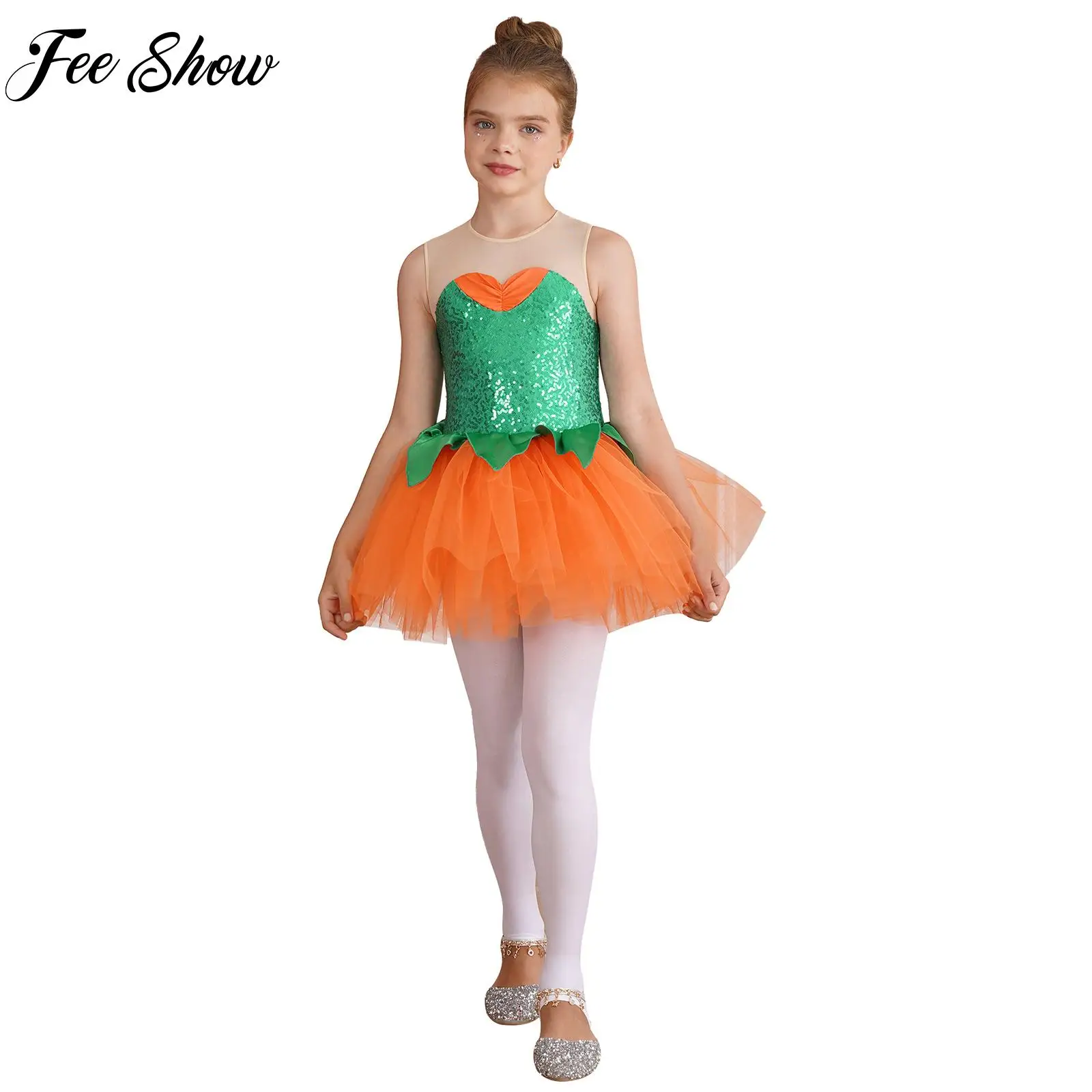 

Kids Girls Halloween Keyhole Back Shiny Sequins Pumpkin Tutu Dres Pumpkin Lantern Styles Cosplay Dance Fancy Dress Party Costume