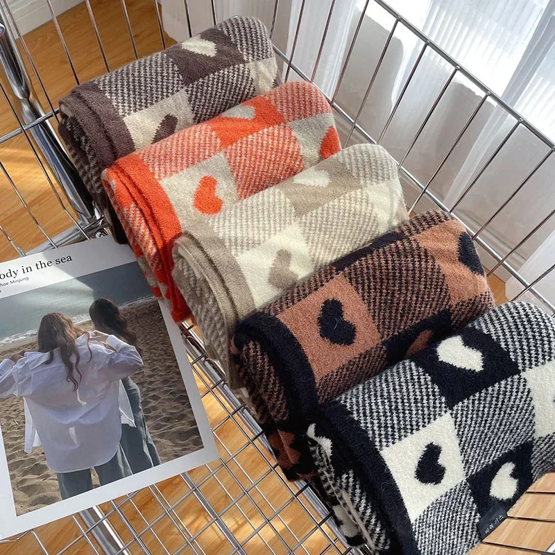 Зимний теплый мягкий вязаный шарф для женщин и мужчин корейский клетчатый из