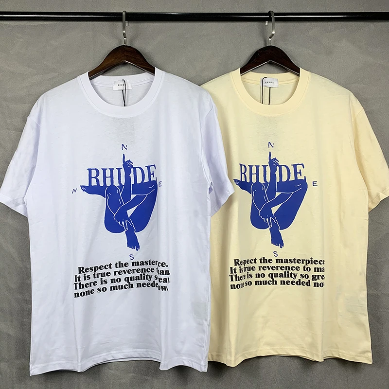 

White Apricot RHUDE T-shirts Men Women 1:1 Blue Human Yoga Compass Printing Tops Casual Short Sleeve Oversized Summer Rhude Tees