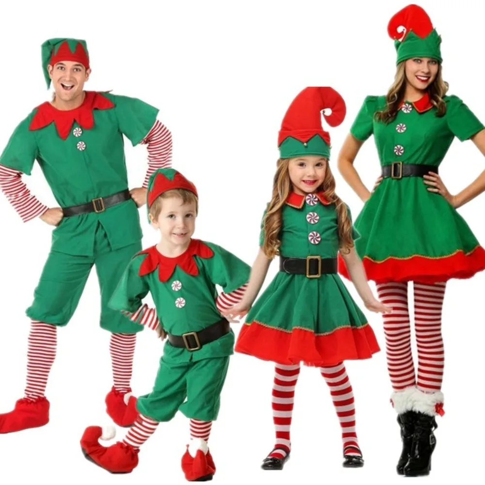 

Green Christmas Elf Costume Cos Elf Dress for Adult Kids Men and Women Outfit Fancy Dress Xmas Party Stage Dress Up Family Suit