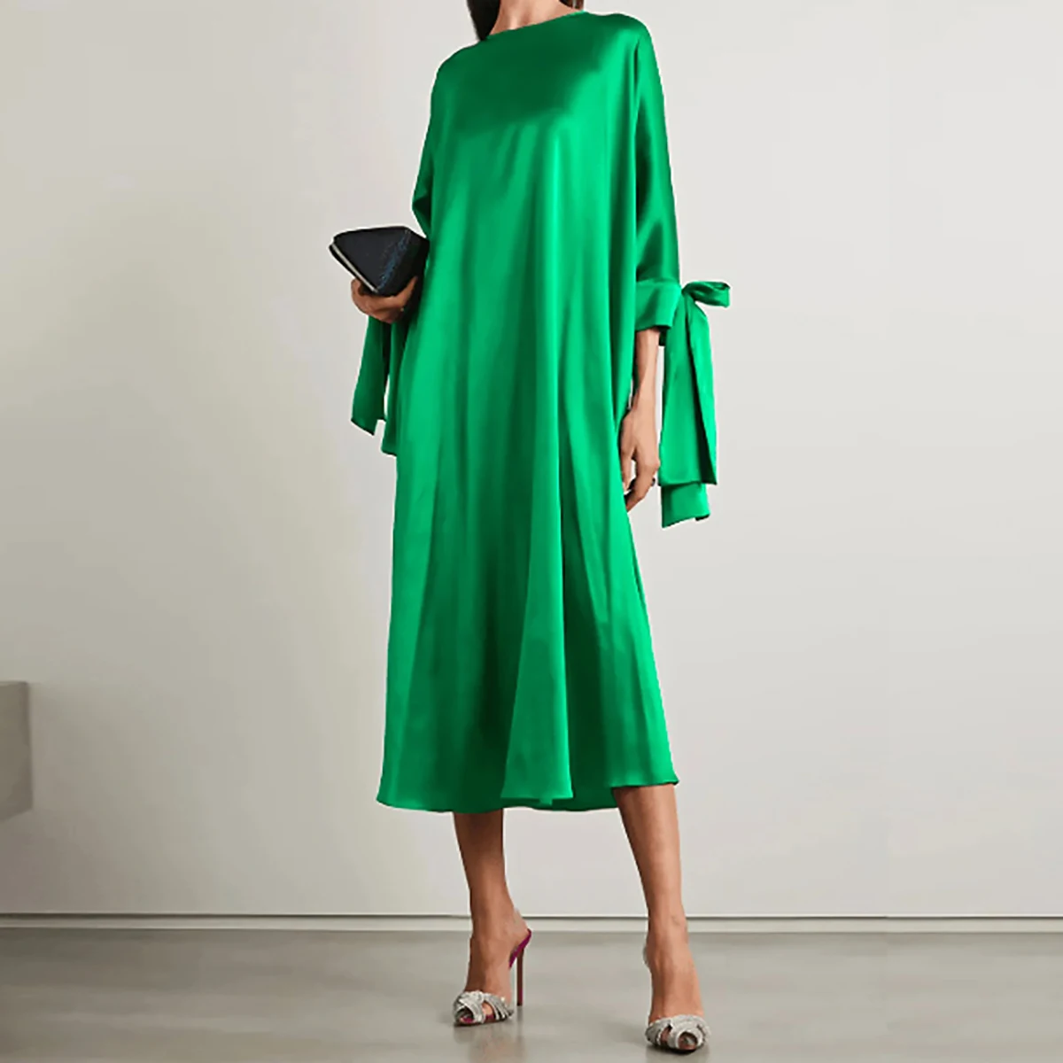 

Yeezzi 2023 New Spring Autumn Vintage Green Dress Women Elegant Bowknot Tied Long Sleeves Party Evening Midi Dresses