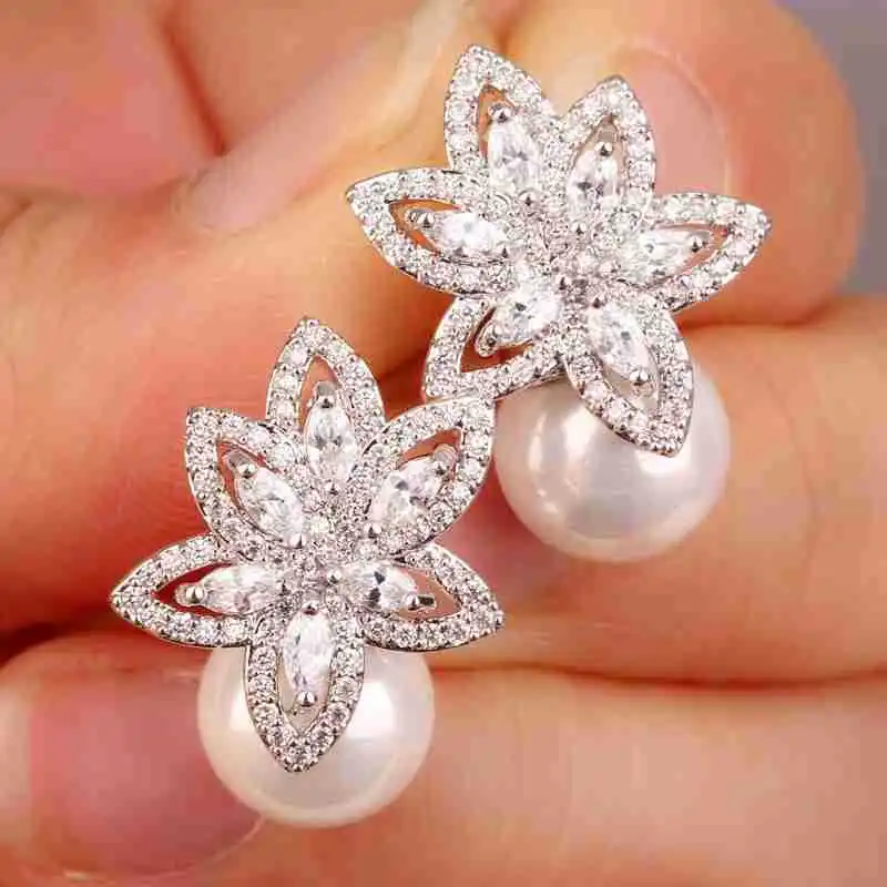 

Luxury Dinner Gold Color Earrings Bohemian Style Flower White Gold Color Zirconia Earrings Women Jewelry Christmas Wedding Gift