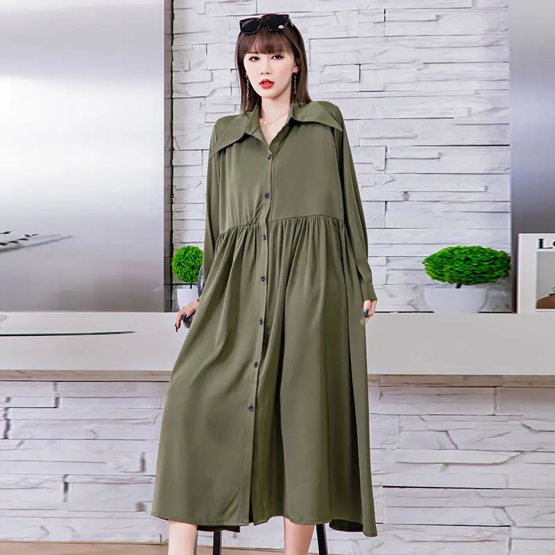 

Повседневное Плиссированное Платье-рубашка XITAO, однотонное свободное модное простое платье с отложным воротником, WMD4862