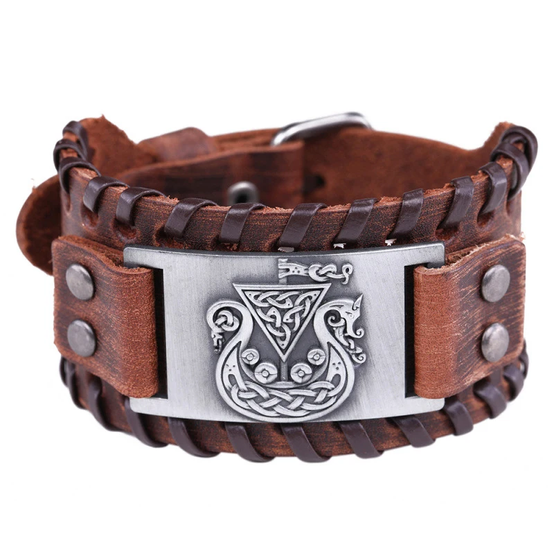 

New Fashionable Popular Marine Jewelry Style Pirates of The Caribbean Metal Logo Leather Punk Men's Bracelet Party Accessories
