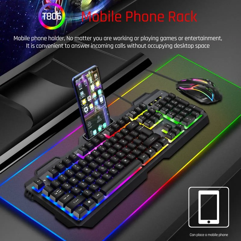 

Mechanical Feel Wire Gaming Keyboard Mouse Set USB RGB Colorful Luminous Keyboard Mice for PC Gamer Computer With Phone Holder