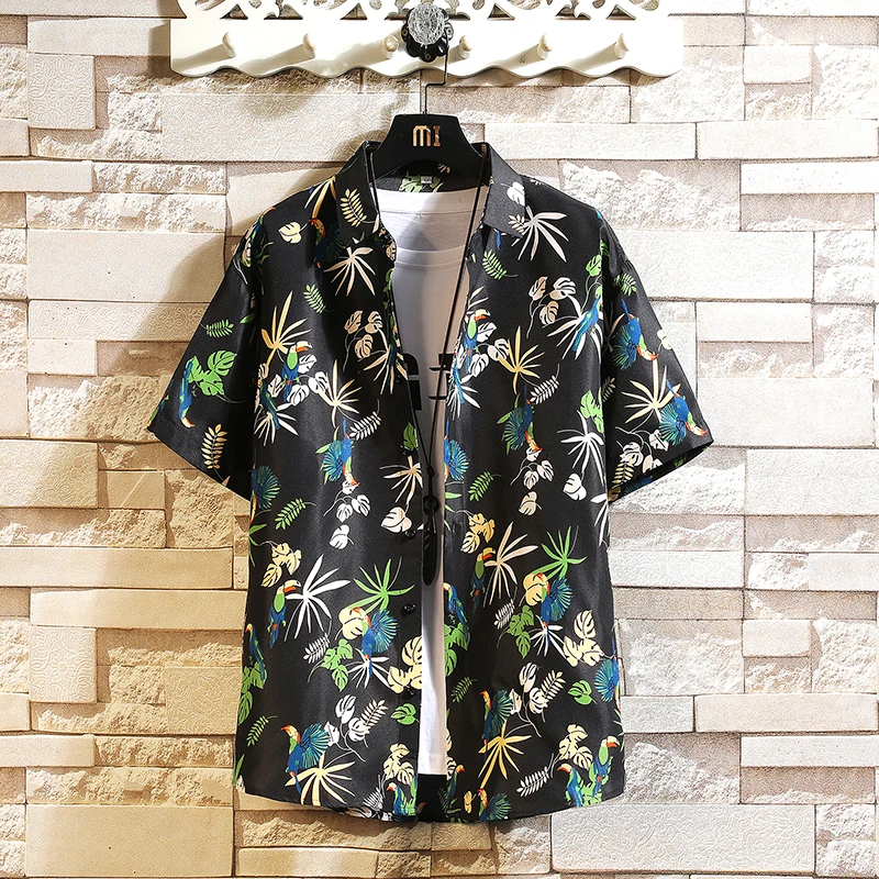 

2022 Summer Mens Print Beach Shirt Fashion Short Sleeve Floral Loose Casual Hawaiian Shirts Plus Asian Size M-5XL