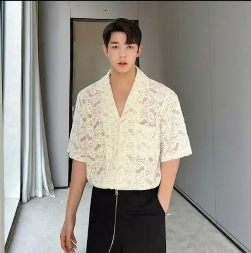 

Men's Youth Fashion Floral Lace Mesh Lapel Short Sleeves Casual Dress Shirt