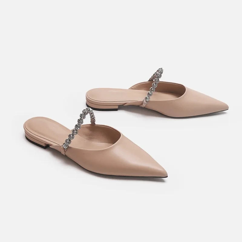 Bling Flats Mules Shoes Women Pionted Toe Shining Chain Flip Flops Summer Sandals Outdoor Office Ladies Shoes Handmade