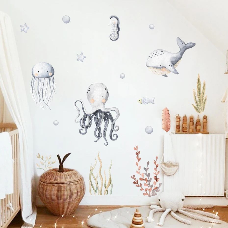 

Cartoon Dolphin Ocean Animal Aquatic Plants Watercolor Kids Wall Sticker Vinyl Nursery Art Decals for Babys Boys Room Home Decor