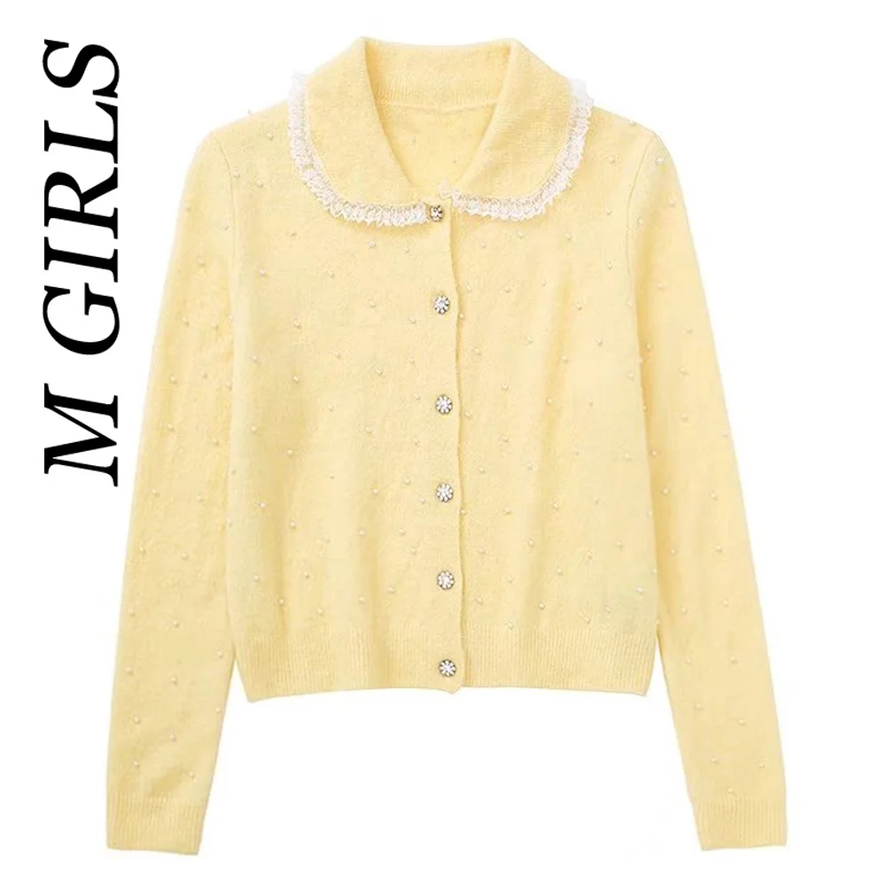 

Вязаный кардиган с искусственным жемчугом, с воротником «Питер Пэн»