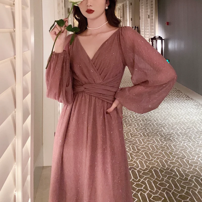 

2022 Autumn French Elegant Party Dress Women Long Sleeve Casual Fairy Midi Dress Evening Vintage One Piece Dress Korean Fashion