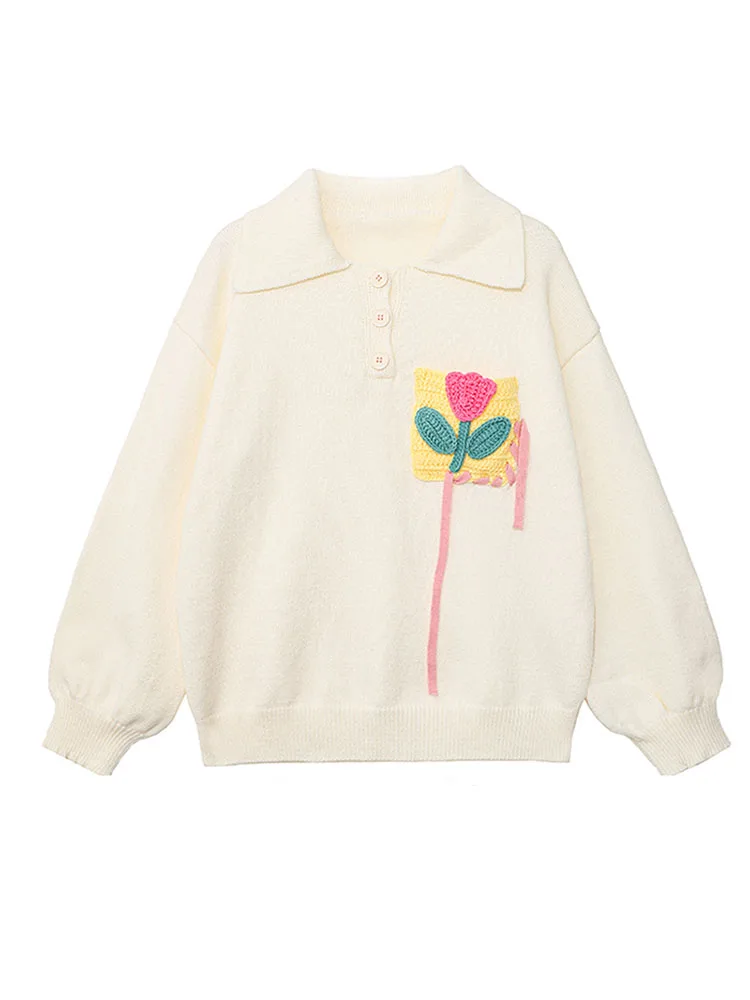 Вязаный свитер в стиле преппи с цветочной вышивкой винтажные пуловеры поло