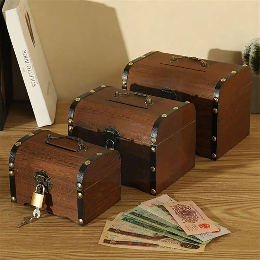 

Wood Piggy Bank Safe Money Box Savings With Lock Wood Legendary Brown Fashion Chest Carving Handmade Treasure Organizer