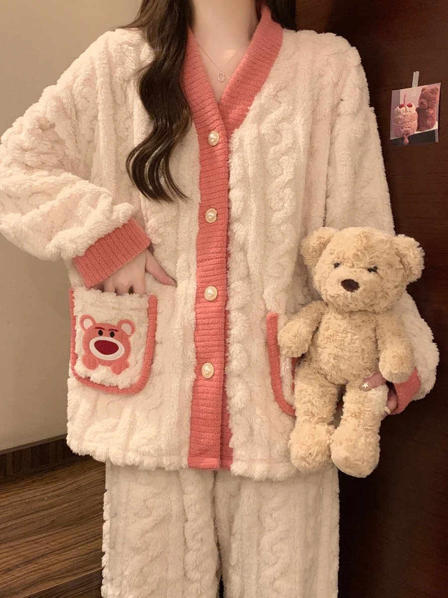 Интернет-знаменитости пижамы из кораллового флиса с клубничным медведем женские