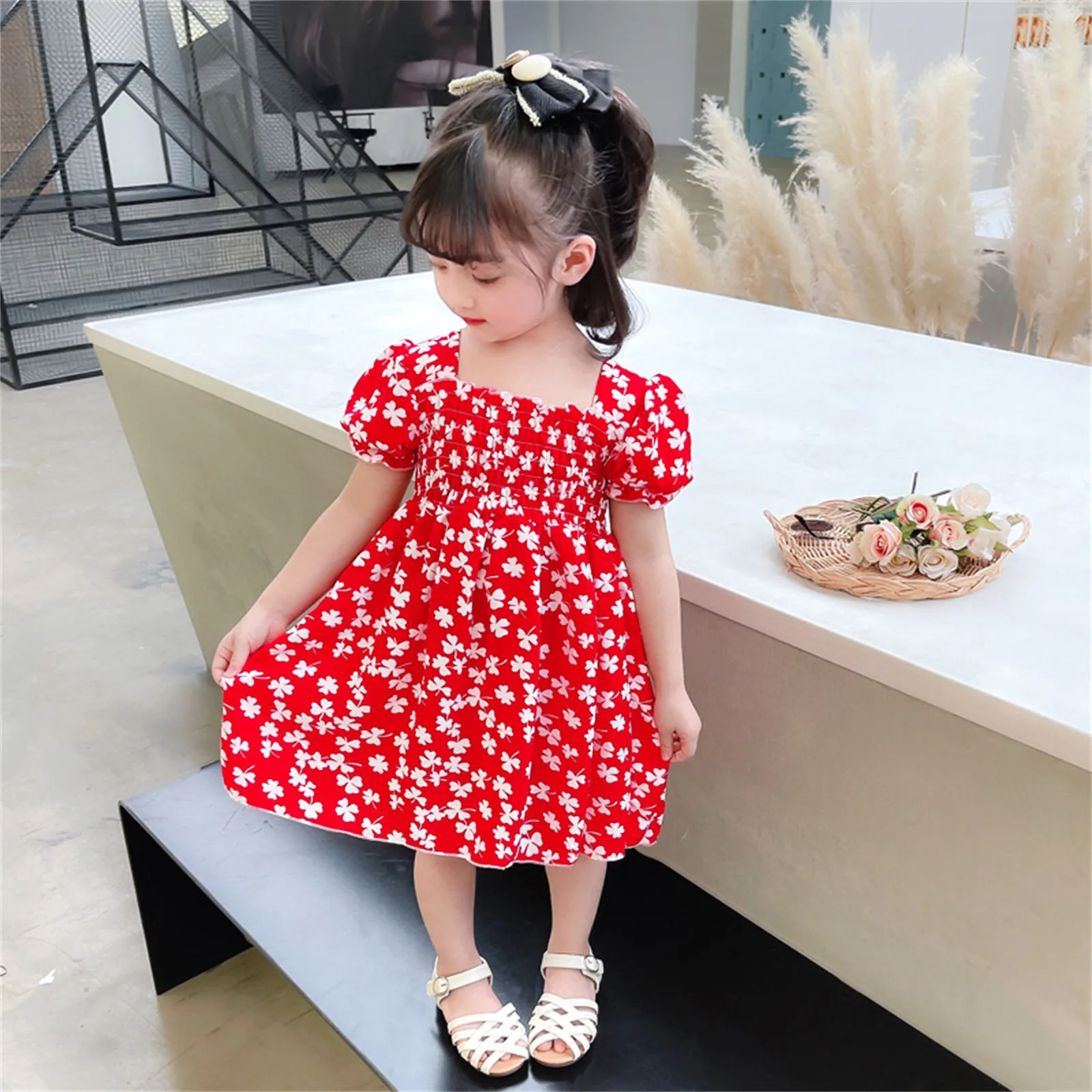 

Toddler Girls Short Sleeve Beach Dresses Kids Floral Printed Princess Dress Clothes Baby Girl Christmas Dress