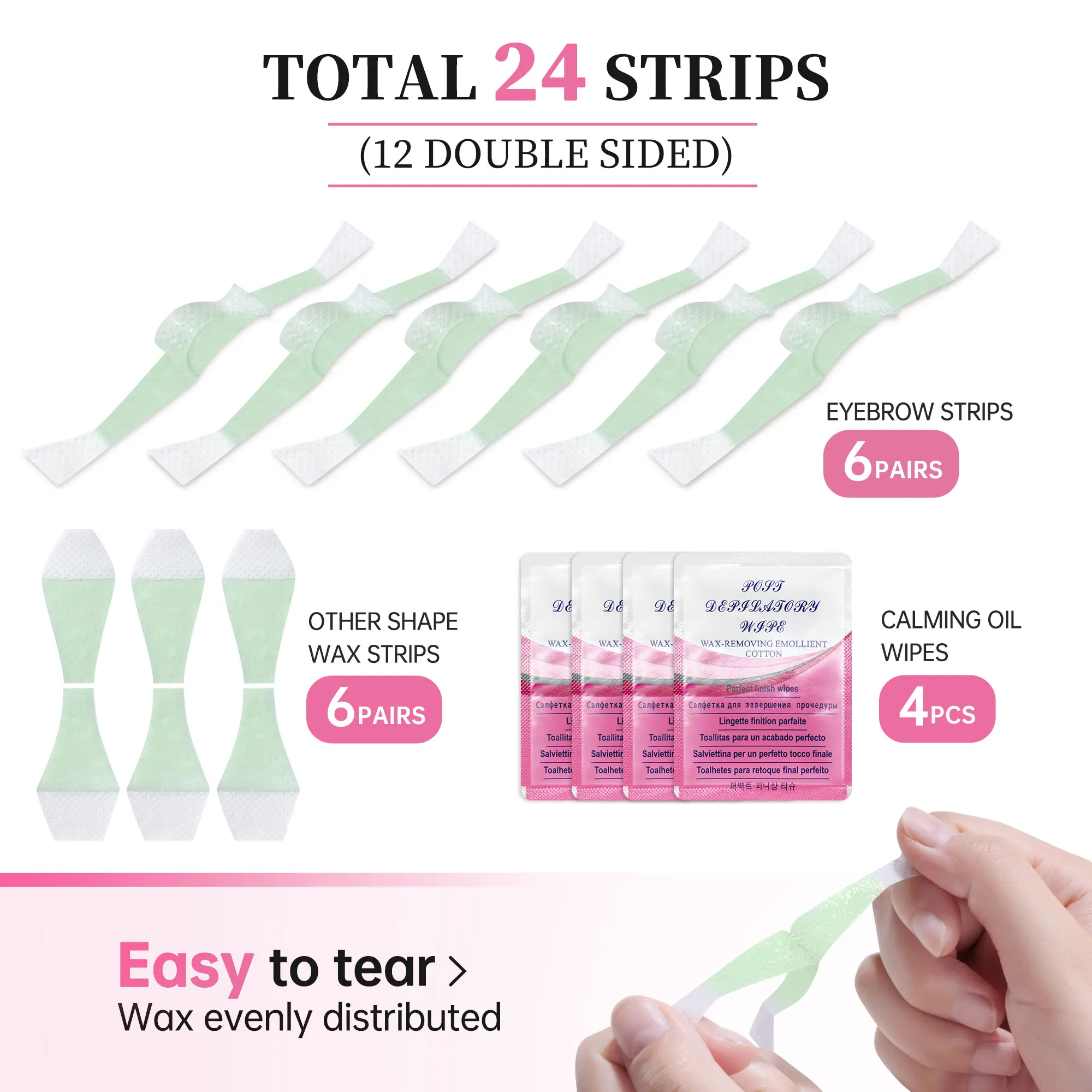 Beauty7 Eyebrow Wax Strips Kit Facial Wax Strips Hair Removal Eyebrow at Home 24 Strips 4 Calming Oil Wipes for Sensitive Skin images - 6