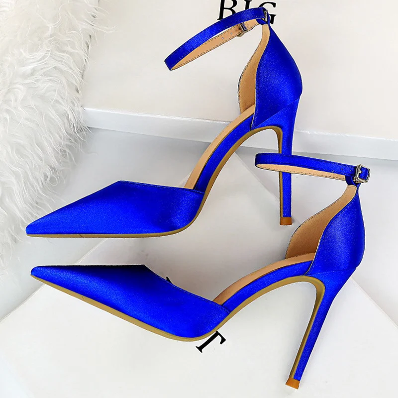 

Туфли женские на высоком каблуке 10 см, пикантные босоножки, свадебная обувь, шелковые туфли-лодочки с блестками, Фетиш-стилет, синие, 34-43