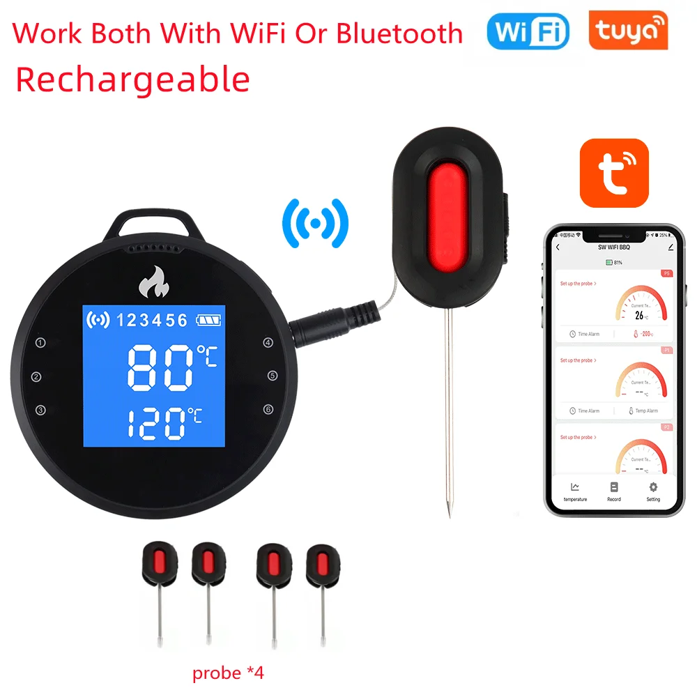 

Bbq Rechargeable Smart Wi-Fi&Bluetooth 4/6 Probes Food Thermometer Wireless Bbq Grill Smoker Thermometer Temp Graph Alarm