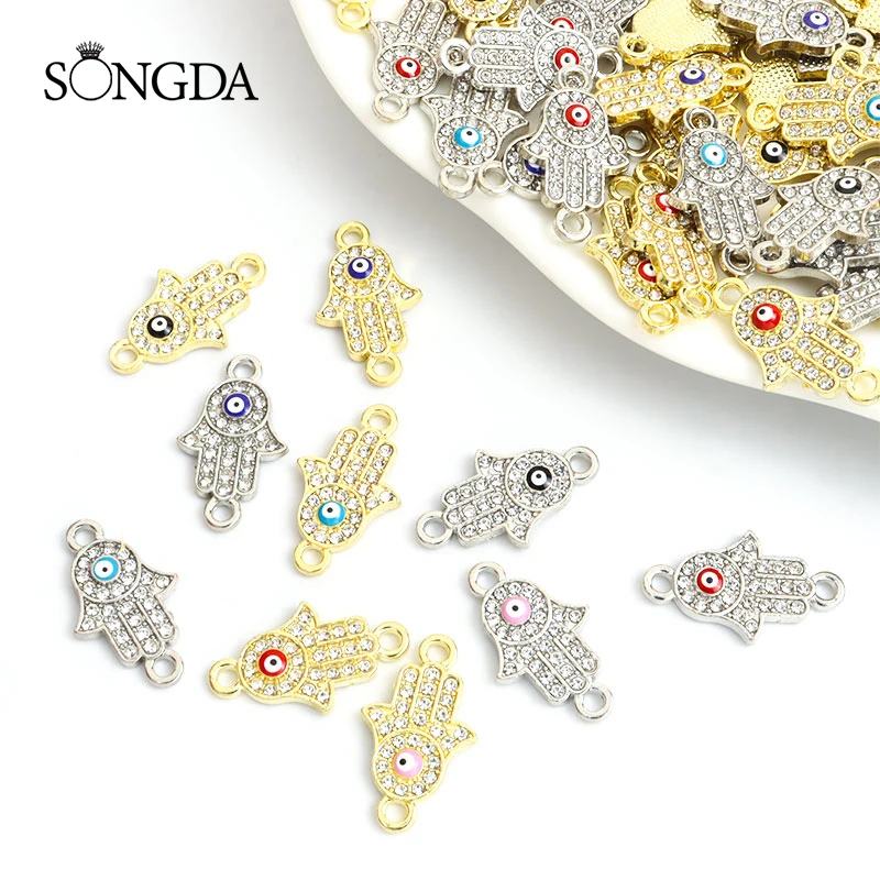 

10pcs 14x24mm Hamsa Hand Enamel Lucky Colorful Evil Eye Charms Connectors Alloy Rhinestones Charms Jewelry Makings DIY Ornaments