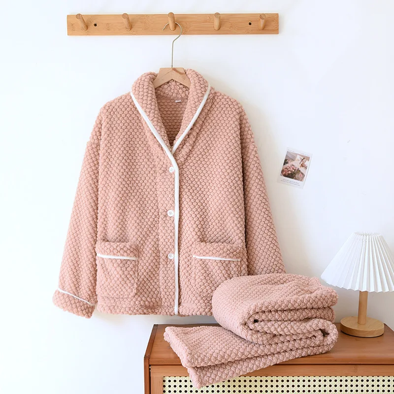 New fashion pajamas for couples autumn and winter fleece thickened warm men's and women's premium flannel loungewear set