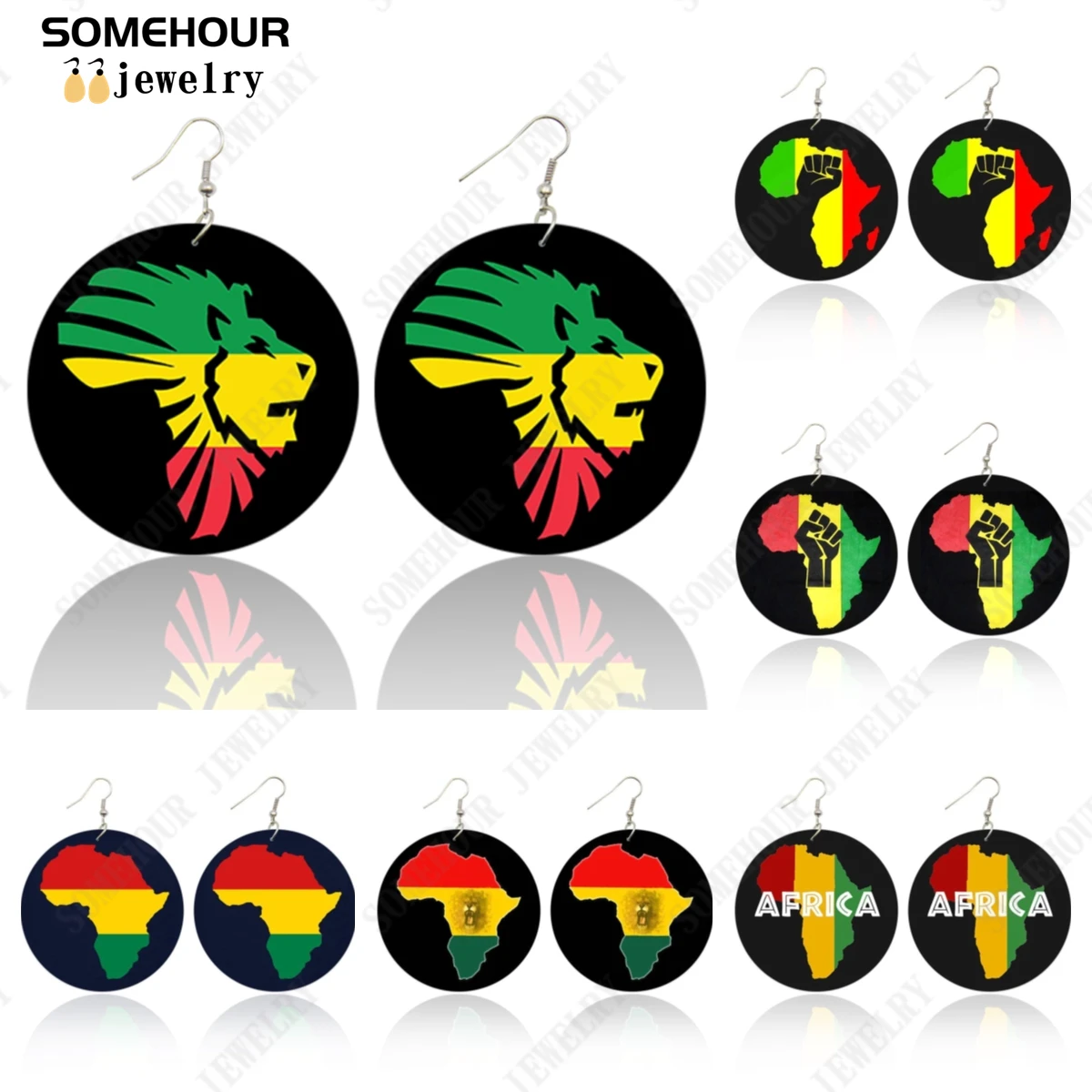 

SOMEHOUR African Map Power Fist Printed Wooden Drop Earrings For Woman Black King Lion Africa Colors Big Loops Dangle Jewelry