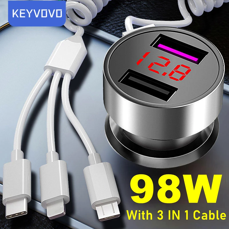 

USB-кабель 3 в 1, металлическое автомобильное зарядное устройство Quick 7.4A, быстрая зарядка для iPhone 13, 11, Xiaomi, Huawei, адаптер зарядного устройства в автомобиле