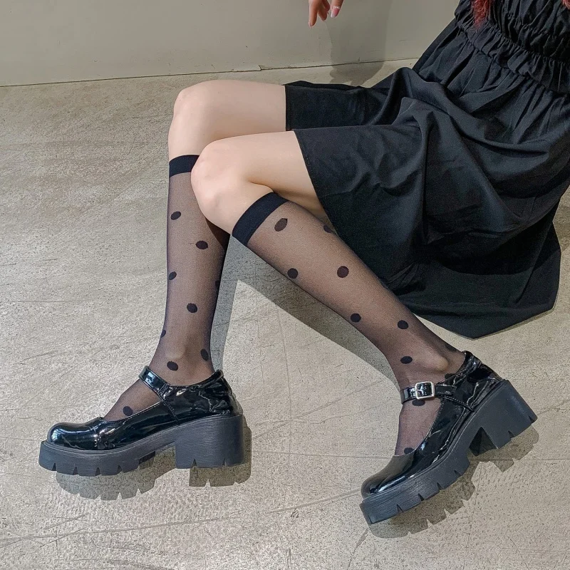 

Girl's Black JK Tube Socks Dot Stockings Japanese Jacquard Cored Silk Calf Big Polka Dot Ultra-Thin Millennium