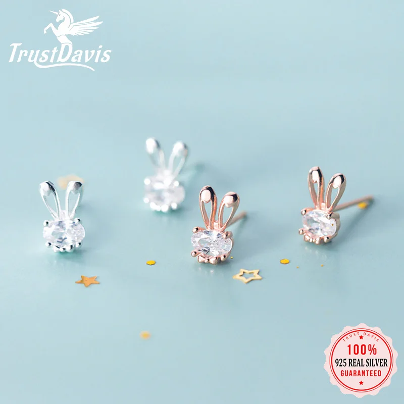 

Trustdavis 100% 925 Solid Real Sterling Silver Jewelry Cute Little Rabbit CZ Stud Earring Gift For Girls Kids Lady Jewelry DA284
